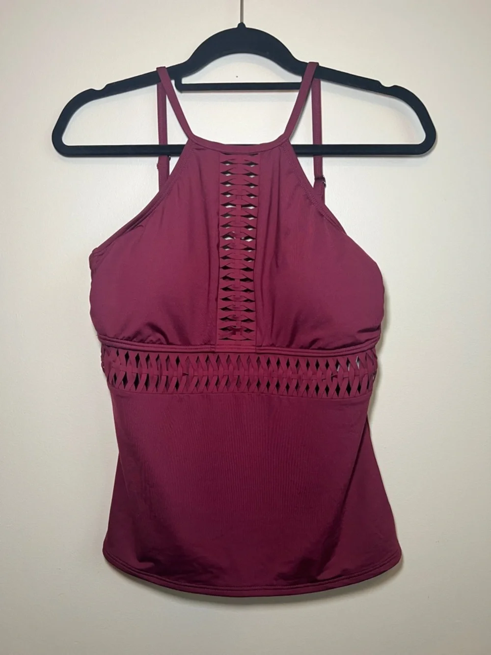 Kenneth Cole High Neck Tankini Top Burgundy Cutout Swimwear L NWT